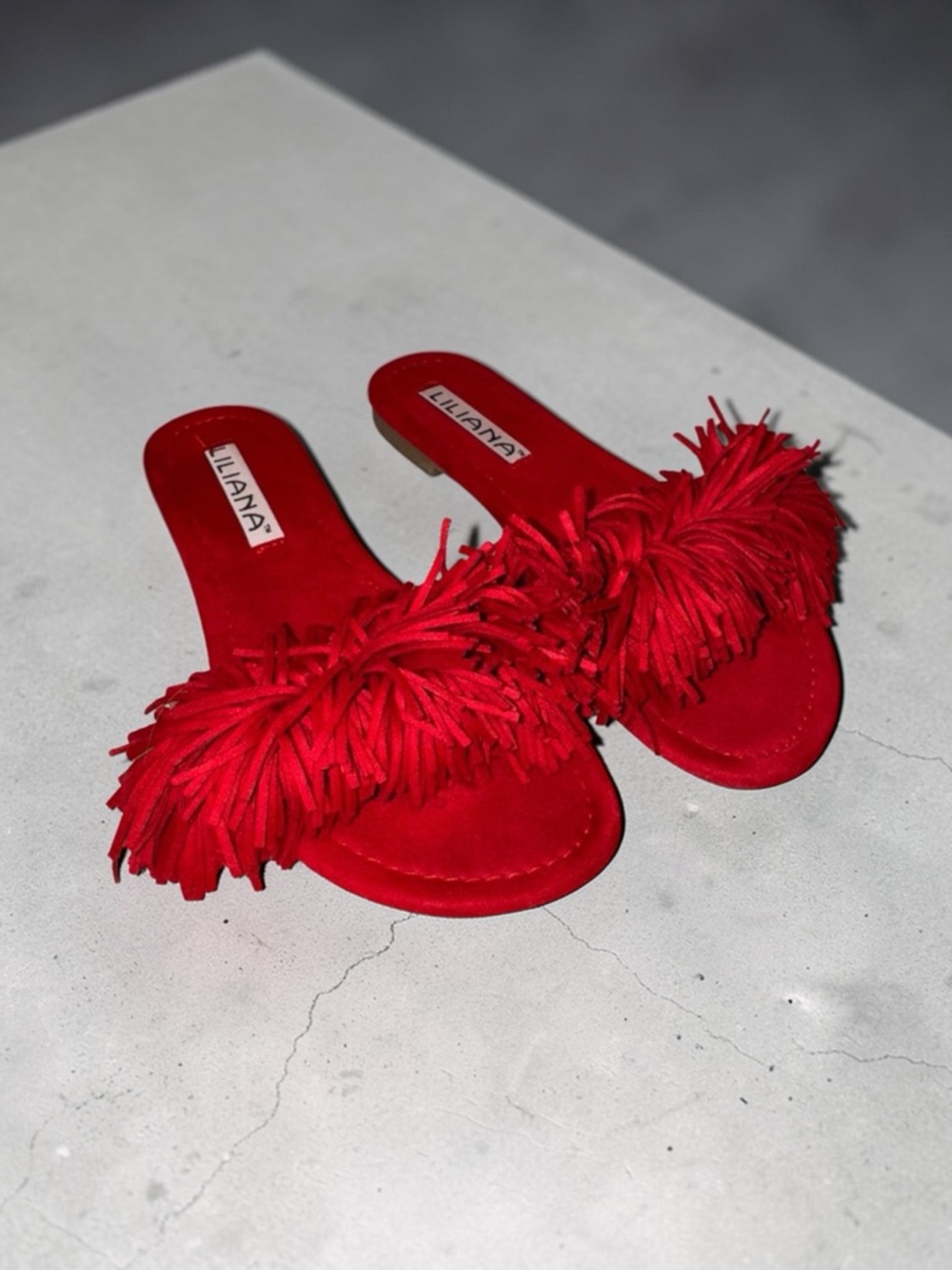 Liliana Red Fringe Slip On Sandal Slides Slippers